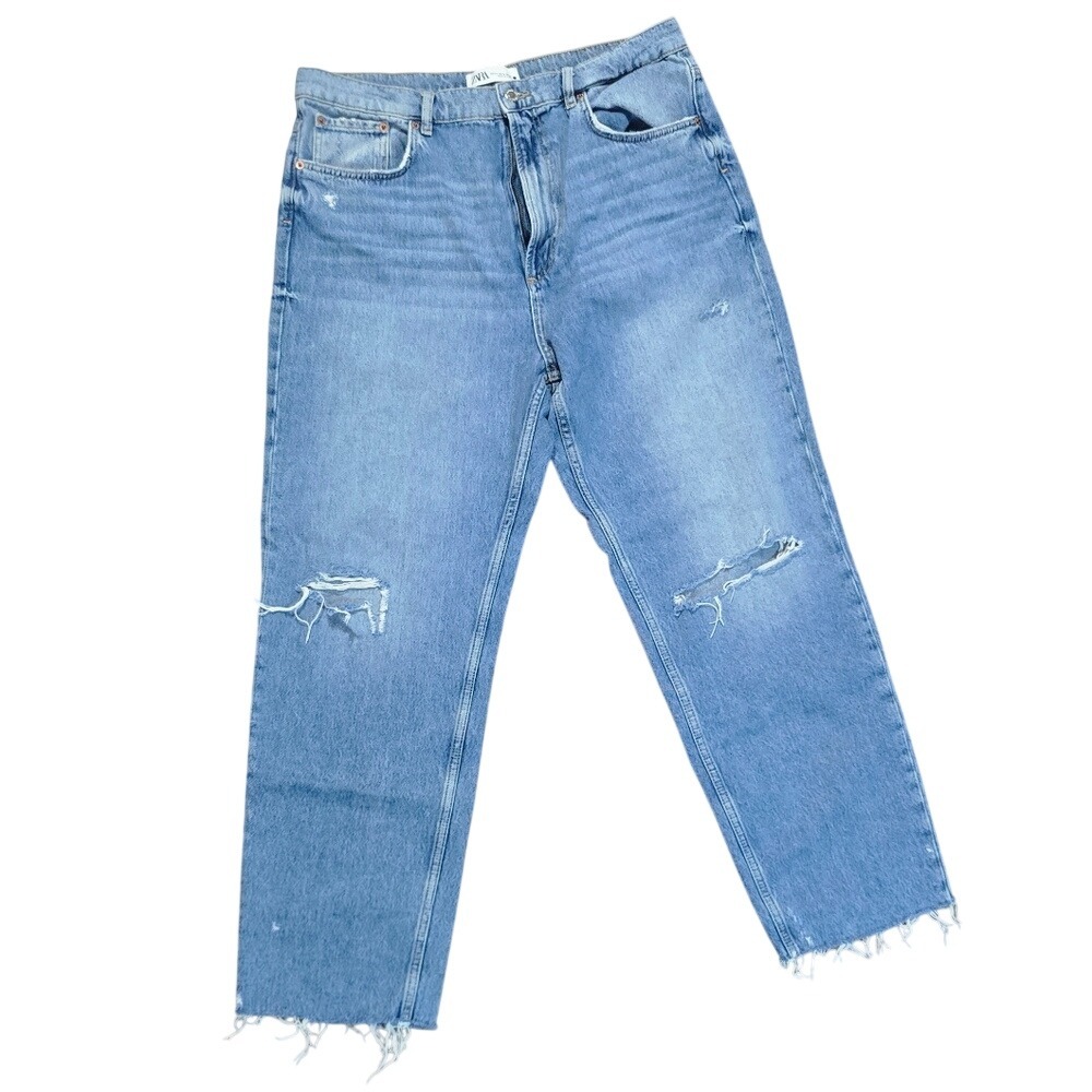 Zara Jeans Women Size 12 Light Blue Excellent Distressed High‎ Rise Straight Leg